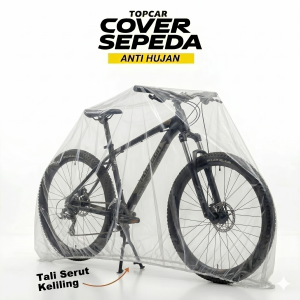 Cover motor transparan merk Topcar anti hujan dengan tali serut keliling terpasang di Sepeda Polygon, united bike, pacific bike, win cycle, element bike, thrill bicycle, genie, exotic, alton, avant