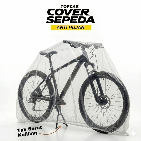 Cover motor transparan merk Topcar anti hujan dengan tali serut keliling terpasang di Sepeda Polygon, united bike, pacific bike, win cycle, element bike, thrill bicycle, genie, exotic, alton, avant
