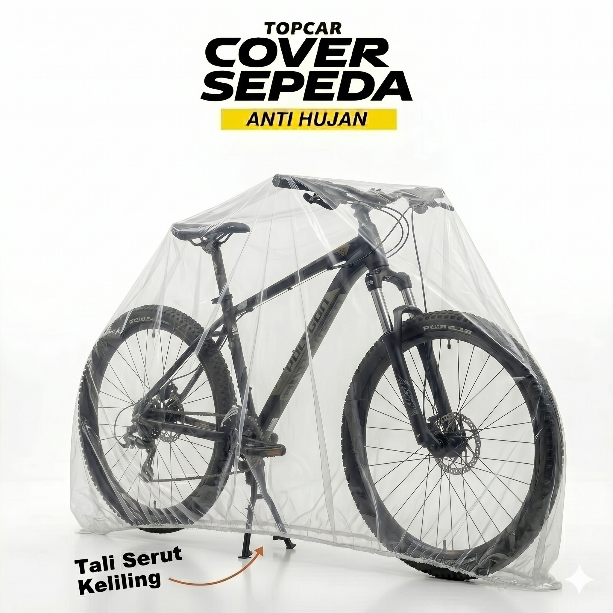 Cover motor transparan merk Topcar anti hujan dengan tali serut keliling terpasang di Sepeda Polygon, united bike, pacific bike, win cycle, element bike, thrill bicycle, genie, exotic, alton, avant