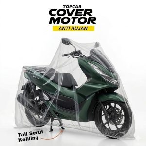 Cover motor transparan merk Topcar anti hujan dengan tali serut keliling terpasang di motor honda pcx