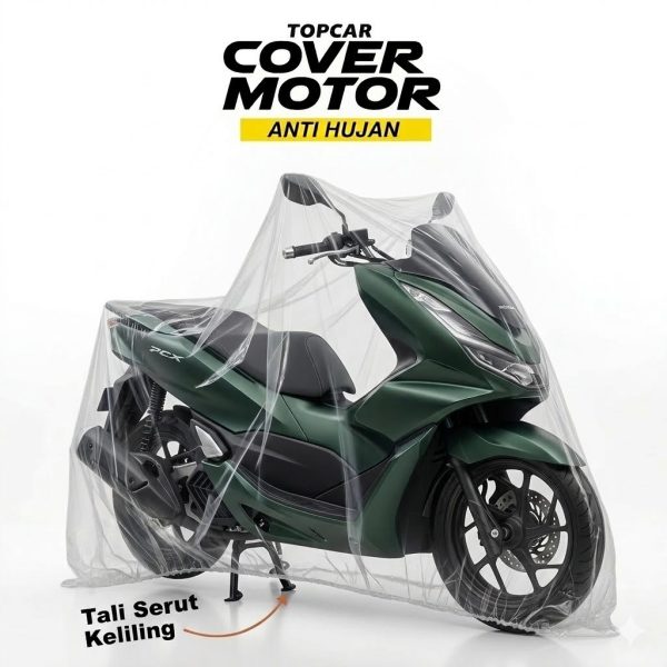 Cover motor transparan merk Topcar anti hujan dengan tali serut keliling terpasang di motor honda pcx
