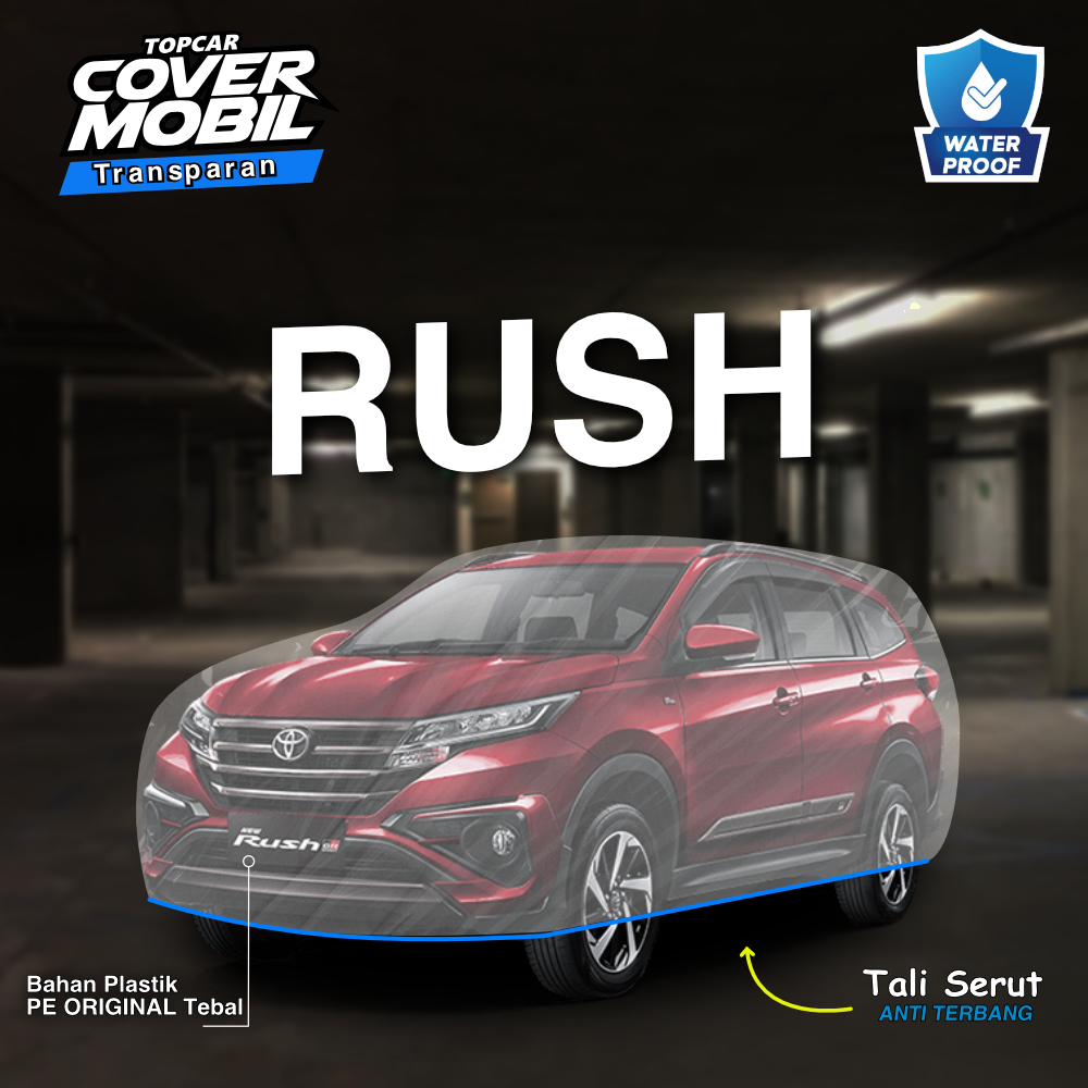 Cover mobil transparan premium merek Topcar melindungi mobil di dalam garasi