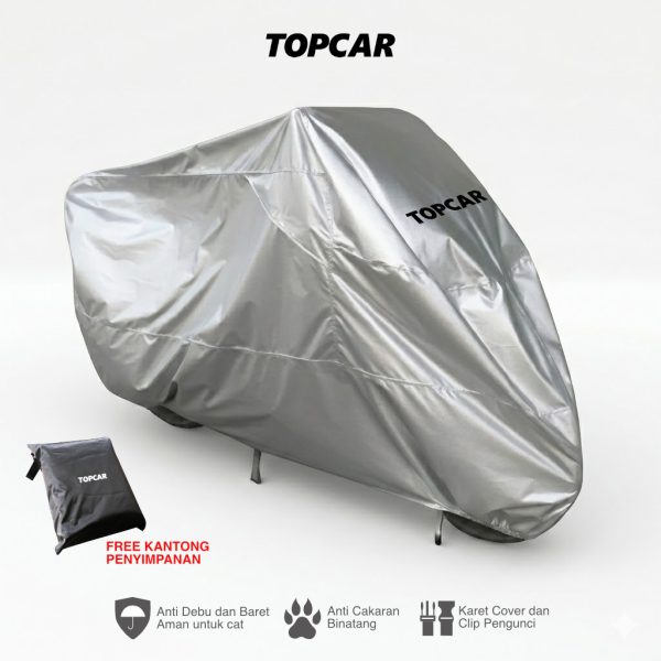 Topcar cover motor waterproof anti hujan dan air bahan parasut indoor dan outdoor ada pengunci tengah dan karet depan belakang bisa untuk semua motor universal