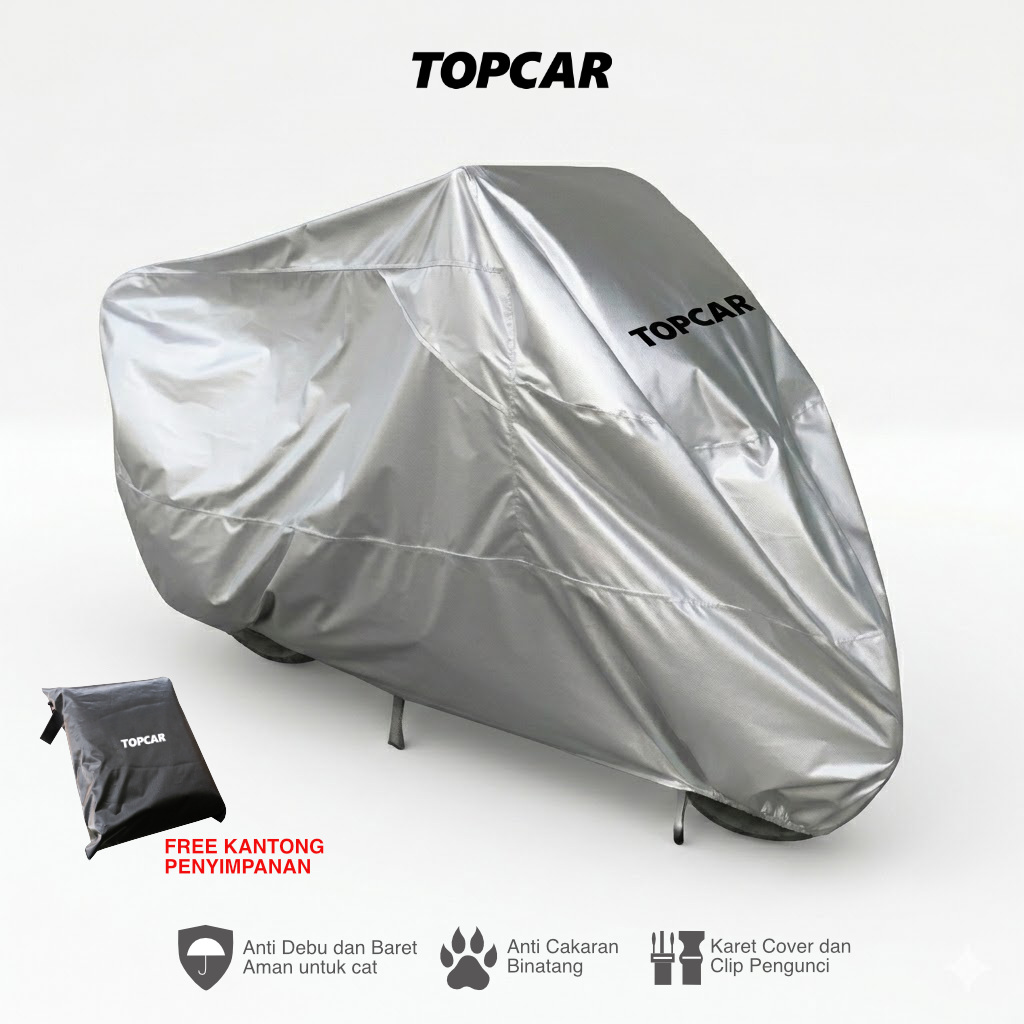 Topcar cover motor waterproof anti hujan dan air bahan parasut indoor dan outdoor ada pengunci tengah dan karet depan belakang bisa untuk semua motor universal