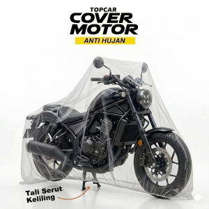 Cover motor transparan merk Topcar anti hujan dengan tali serut keliling terpasang di motor ukuran MOGE.