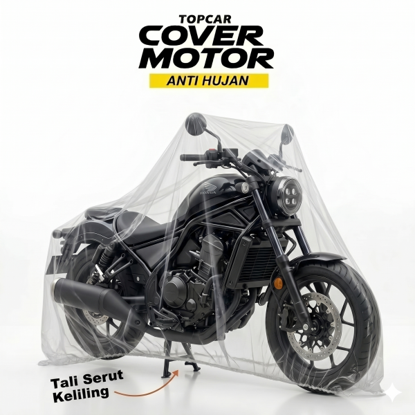Cover motor transparan merk Topcar anti hujan dengan tali serut keliling terpasang di motor ukuran MOGE.