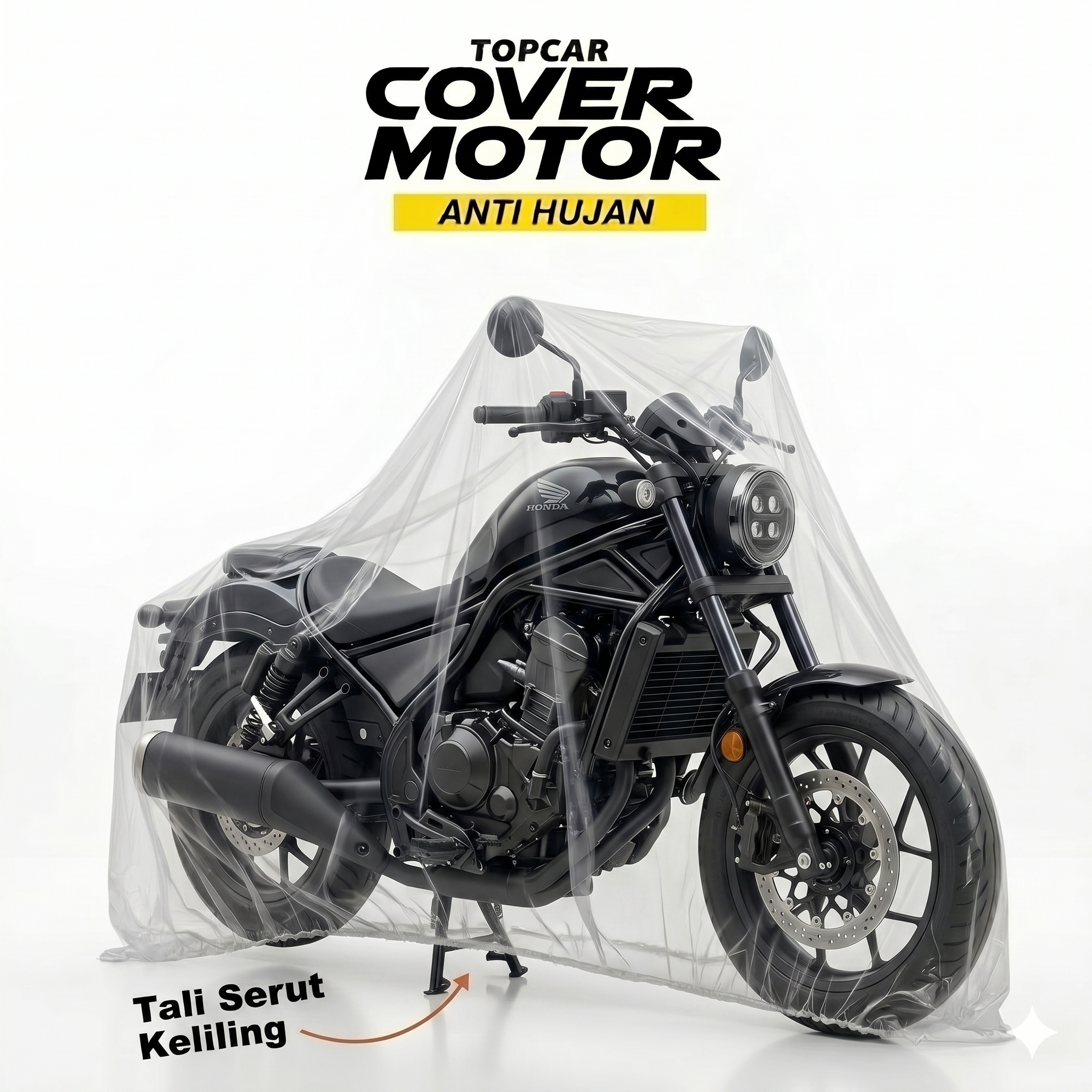 Cover motor transparan merk Topcar anti hujan dengan tali serut keliling terpasang di motor ukuran MOGE.
