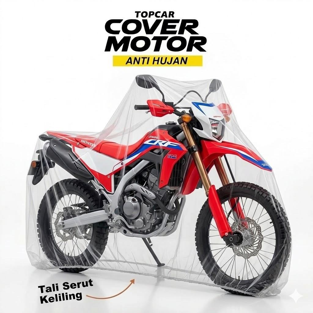 Cover motor transparan merk Topcar anti hujan dengan tali serut keliling terpasang di motor Jumbo.